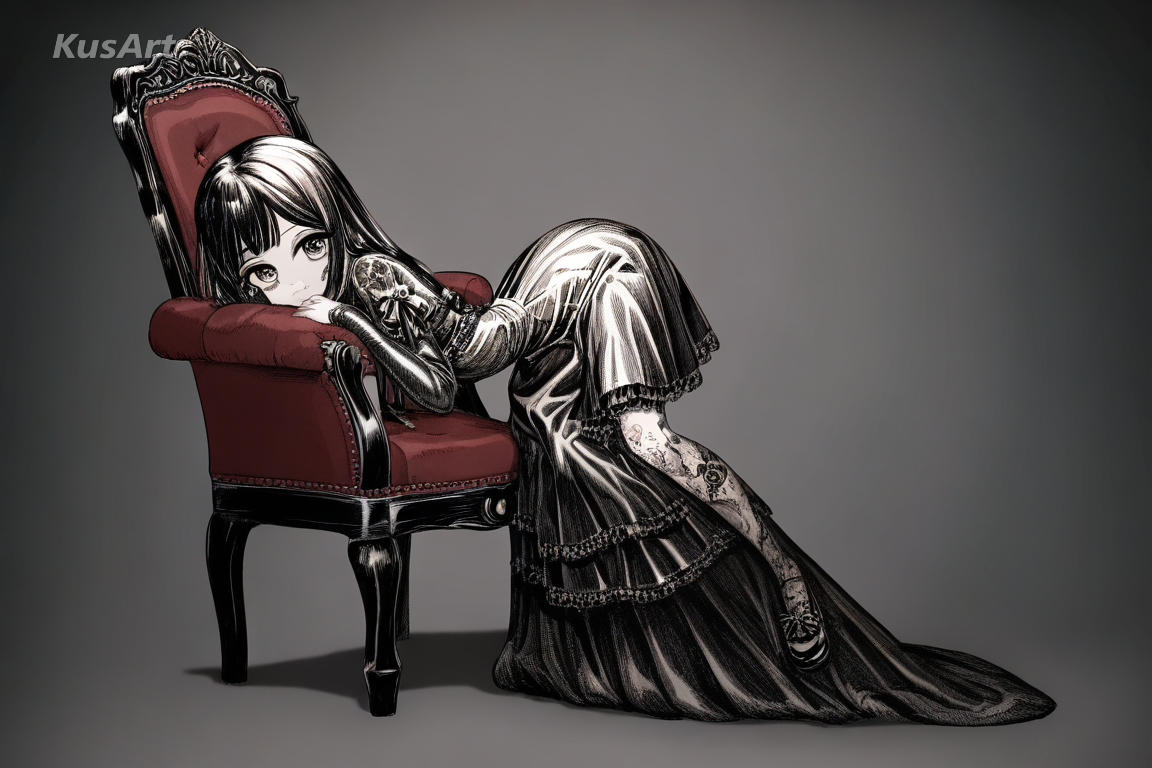1girl gothic doll in a layered lace dress seated on a velvet chair, full body, gothic doll aesthetic, porcelain skin, oversized glossy eyes, lace and ribbons, muted dark palette, fully clothed, face and head fully visible, beautiful, appealing, well composed, high quality, masterpiece