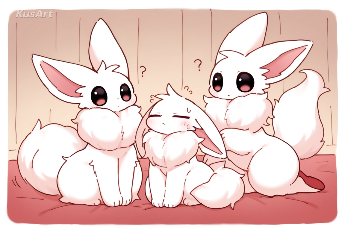 three different cute creature companions sitting together in a sunny meadow, each fully visible, cute creature companion design, rounded shapes, bold clean outlines, bright saturated flats, the whole head and face are inside the frame and not cropped, fully clothed, covered shoulders and chest, beautiful, appealing, well composed, high quality, masterpiece