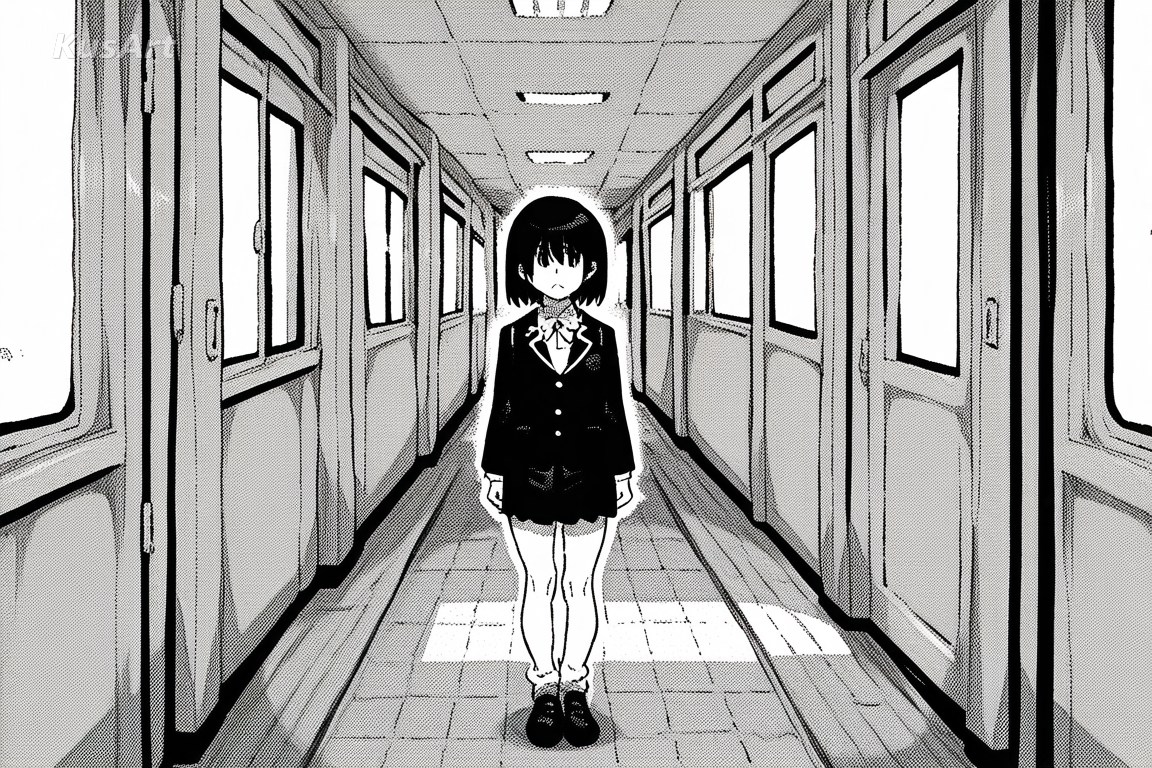 1girl standing in a corridor, full body visible including head and face, fully clothed, school uniform with blazer, average build, modest proportions, black and white ink manga panel, screentone shading, high quality, masterpiece