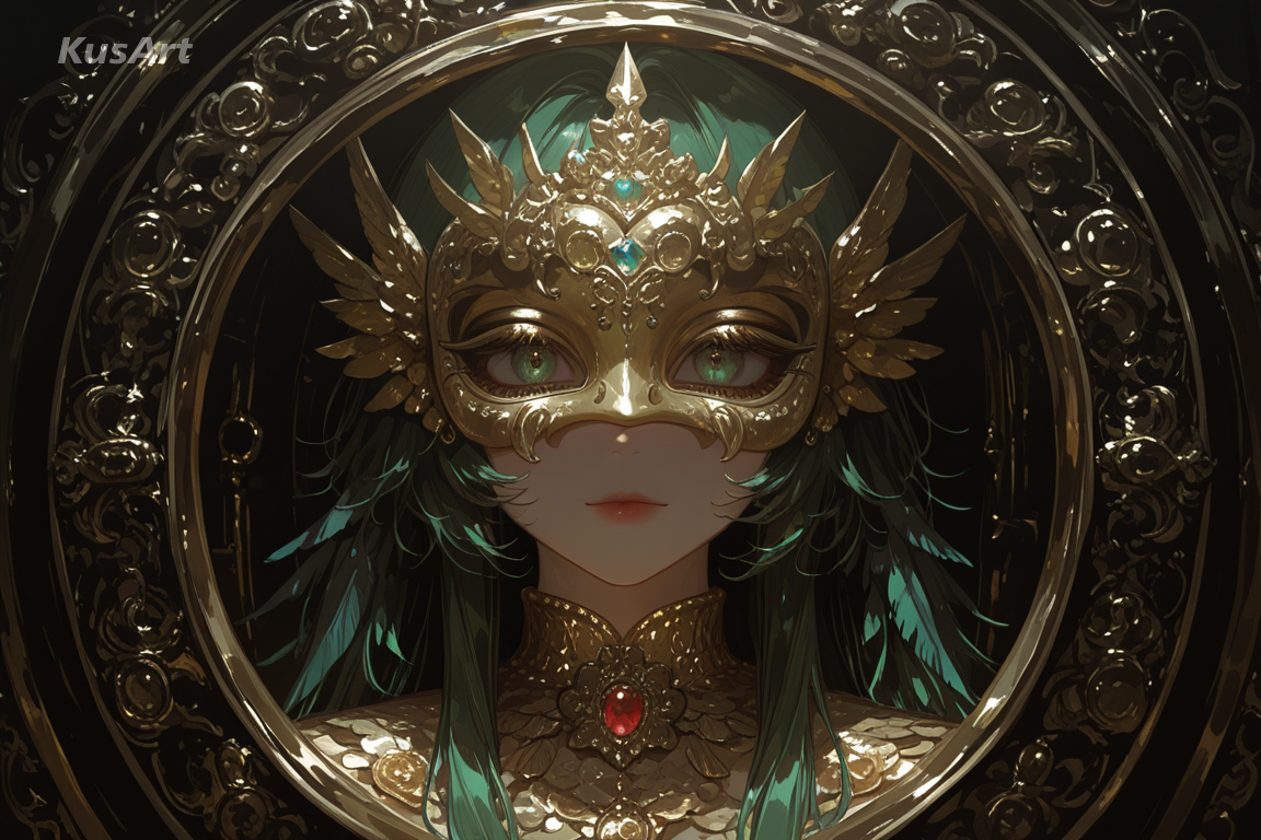 1girl in a feathered collar and jewelled mask, upper body portrait, ornate costume portrait, dense gold filigree and brocade, jewel tone palette, strong raking key light, dark atmospheric backdrop, fully clothed, face and head fully visible, beautiful, appealing, well composed, high quality, masterpiece