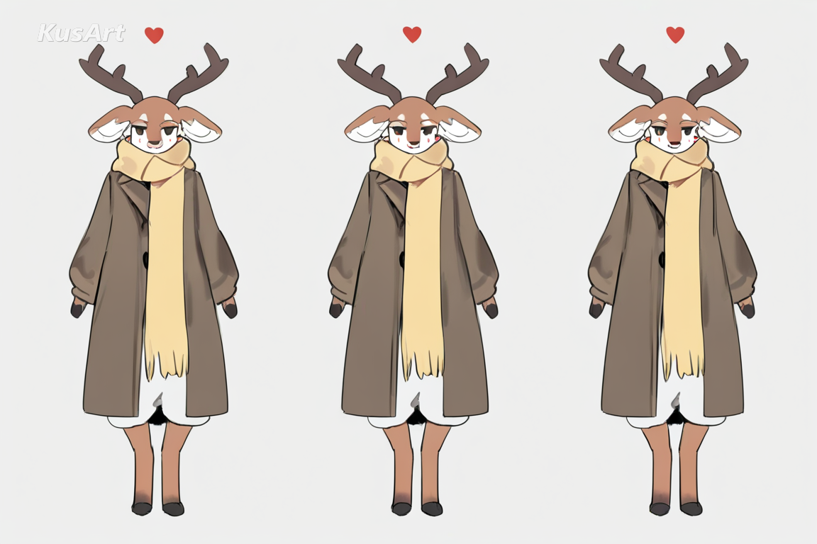 anthro deer character in a long coat and scarf, full body, anthro character, flat colour coat rendered as clean shapes, crisp outlines, shape based markings, minimal shading, fully clothed, face and head fully visible, beautiful, appealing, well composed, high quality, masterpiece