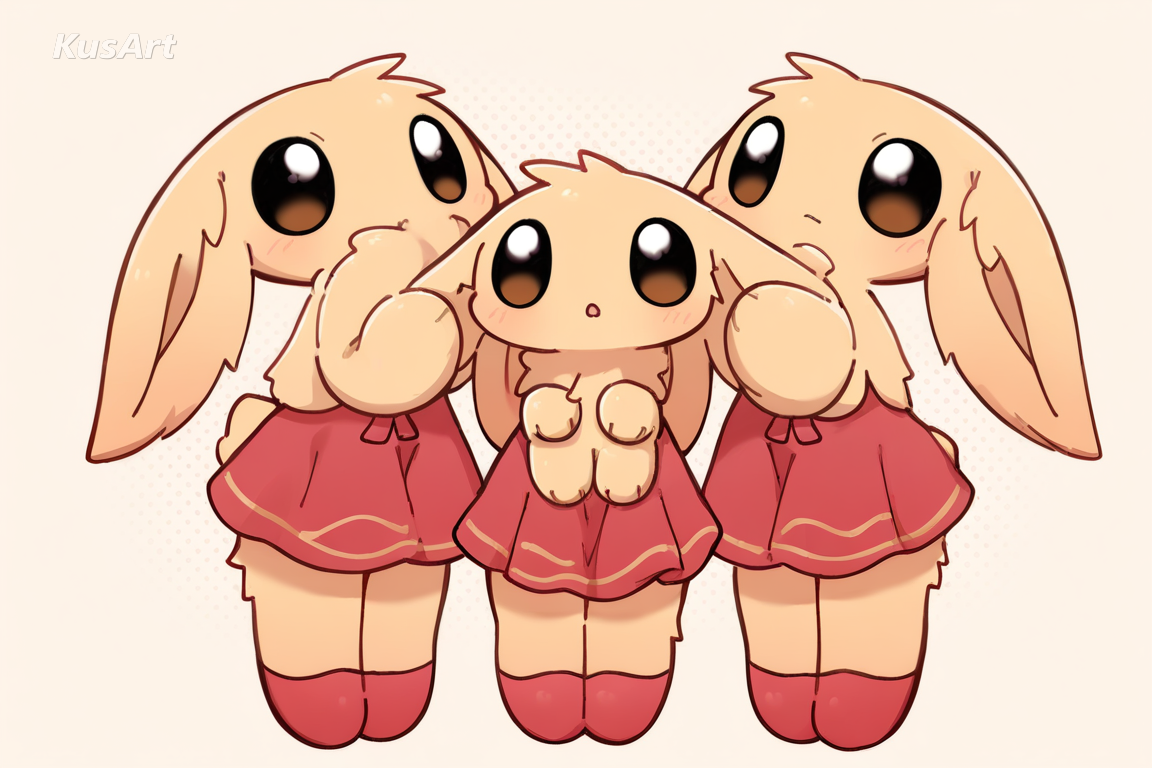 a trio of cute creature companions standing together in a sunny meadow, cute creature companion design, rounded shapes, bold clean outlines, bright saturated flats, soft cel shading, fully clothed, face and head fully visible, beautiful, appealing, well composed, high quality, masterpiece