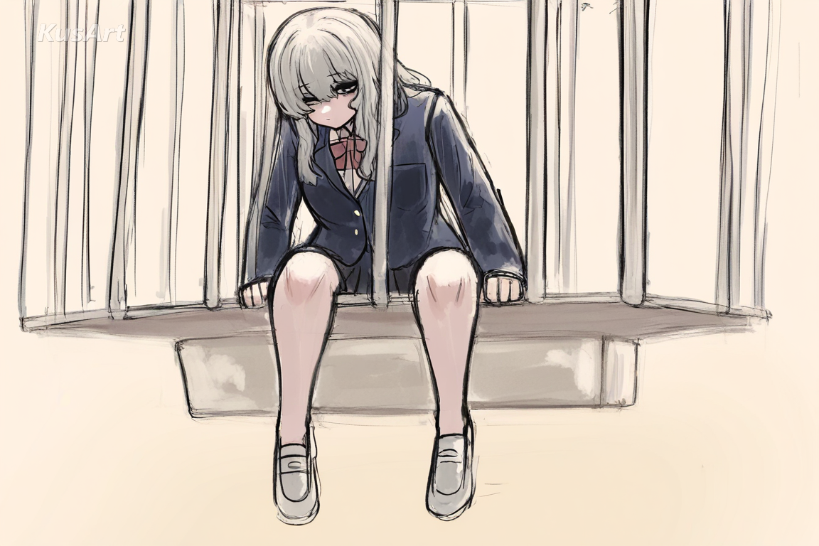 1girl in a school blazer sitting on a desk swinging her legs, full body, loose sketch lines with painted colour, visible construction strokes, soft muted palette, fully clothed, face and head fully visible, beautiful, appealing, well composed, high quality, masterpiece