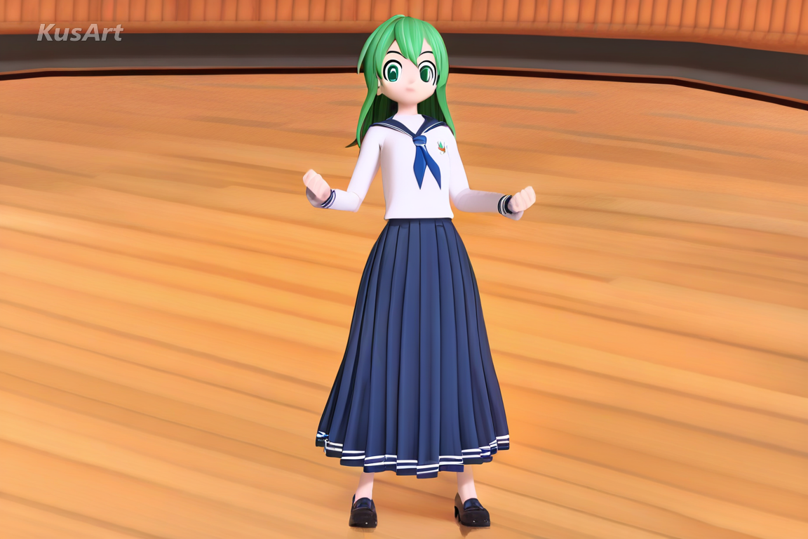 1girl 3d mmd model full body, fully clothed, wearing a complete outfit, modest clothing, covered shoulders and chest, sailor uniform with long skirt, toon shader, rim light, stage floor, high quality, masterpiece
