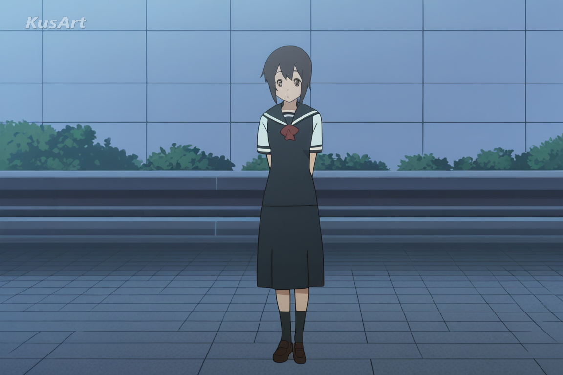 1girl in a sailor uniform waving cheerfully in a schoolyard, traditional cel animation look, flat vibrant colours, clean bold outlines, even shadowless lighting, fully clothed, covered shoulders and chest, face and head fully visible, full body in frame, beautiful, appealing, well composed, high quality, masterpiece