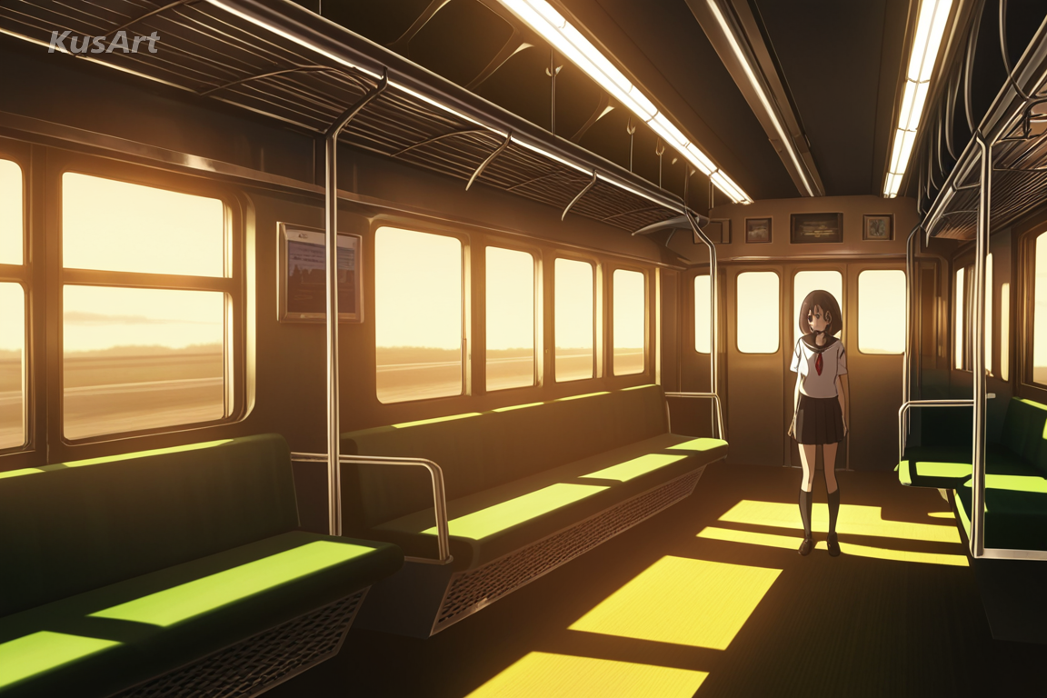 1girl in a school uniform standing alone in a train carriage at dusk, wide shot, widescreen anime film still, cinematic lighting, atmospheric depth, filmic colour grade, fully clothed, face and head fully visible, beautiful, appealing, well composed, high quality, masterpiece