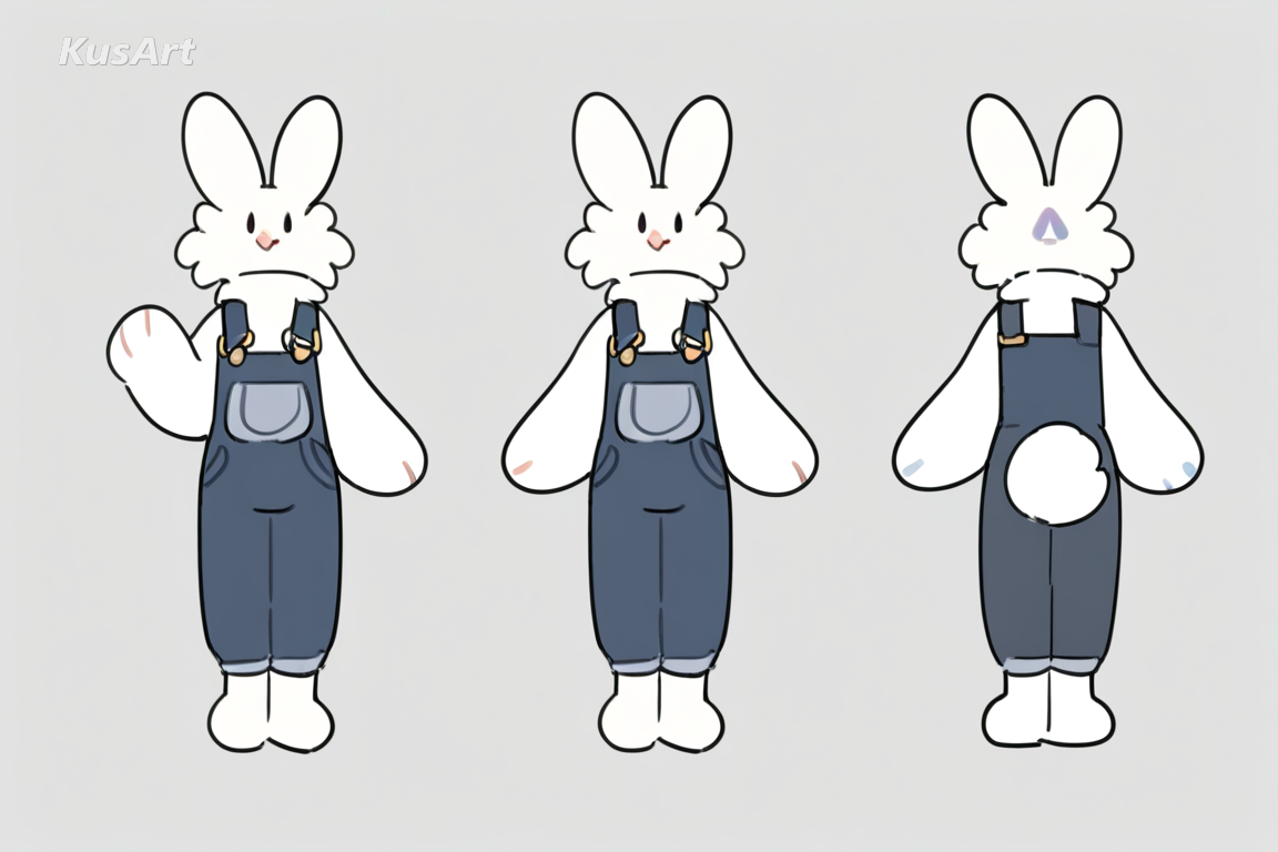 anthro rabbit character in overalls waving, full body, anthro character, flat colour coat rendered as clean shapes, crisp outlines, shape based markings, minimal shading, fully clothed, face and head fully visible, beautiful, appealing, well composed, high quality, masterpiece