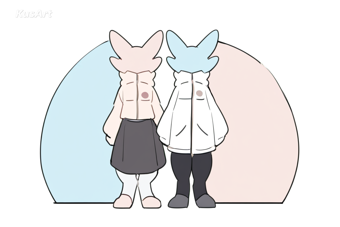 two anthro characters in casual outfits standing together, full body, anthro character, flat colour coat rendered as clean shapes, crisp outlines, shape based markings, minimal shading, fully clothed, face and head fully visible, beautiful, appealing, well composed, high quality, masterpiece