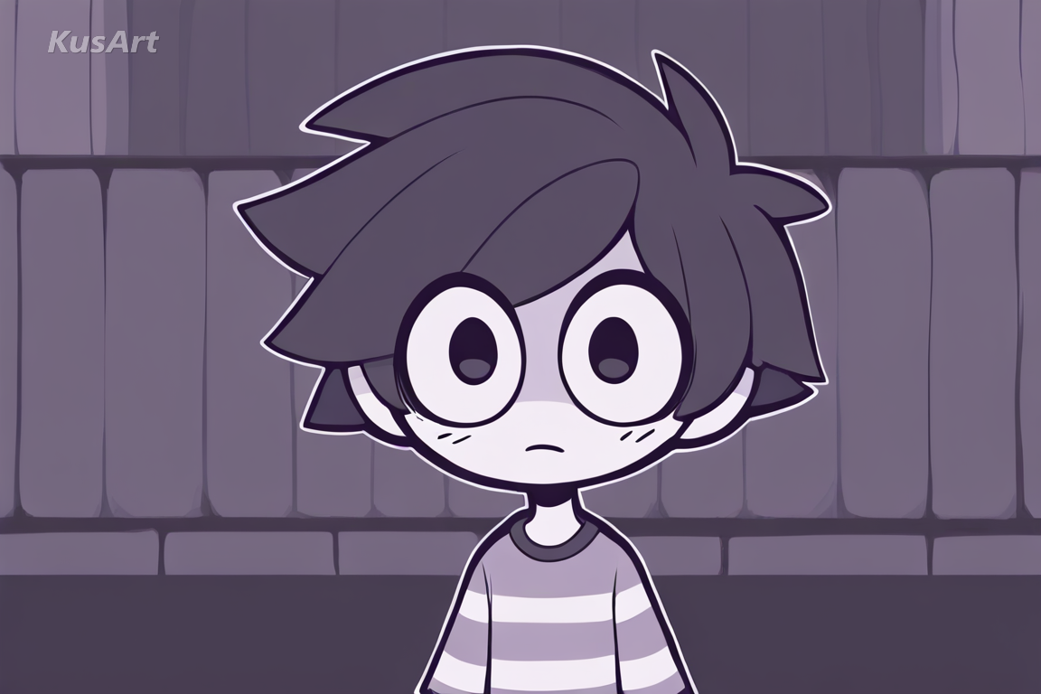 1boy in a striped shirt with a surprised expression, upper body, flat toon shading, thick uniform outlines, limited punchy palette, simplified cartoon eyes, fully clothed, face and head fully visible, beautiful, appealing, well composed, high quality, masterpiece