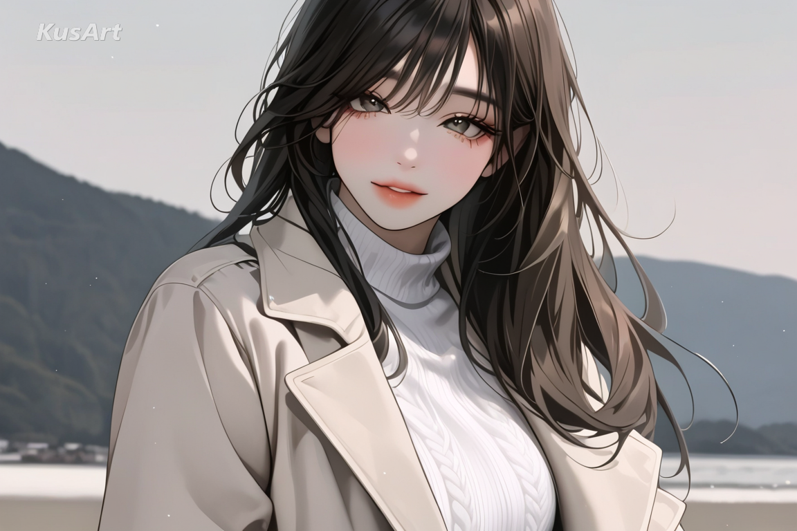 1girl in a knit turtleneck and long coat standing outdoors, upper body, korean painted illustration, soft airbrush skin, glossy lips, muted elegant palette, fully clothed, covered shoulders and chest, face and head fully visible, full body in frame, beautiful, appealing, well composed, high quality, masterpiece