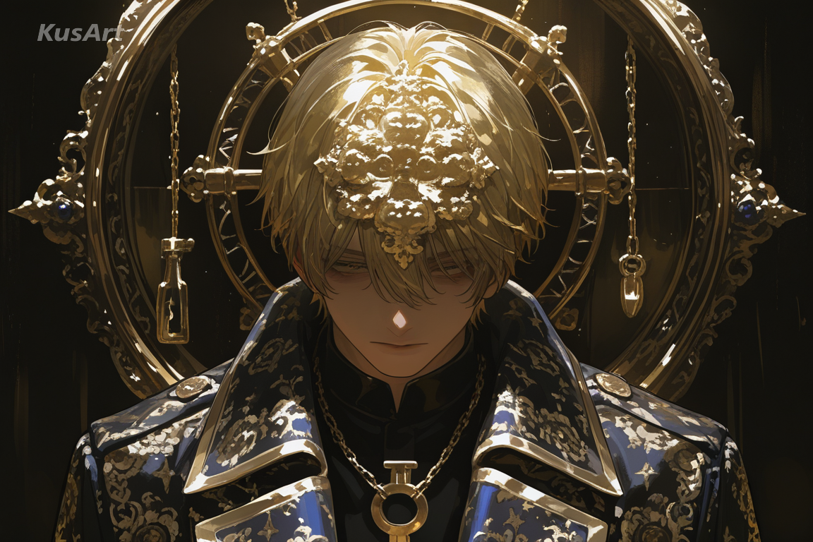 1boy in an ornate embroidered coat with chain pendants, upper body portrait, ornate costume portrait, dense gold filigree and brocade, jewel tone palette, strong raking key light, dark atmospheric backdrop, fully clothed, face and head fully visible, beautiful, appealing, well composed, high quality, masterpiece