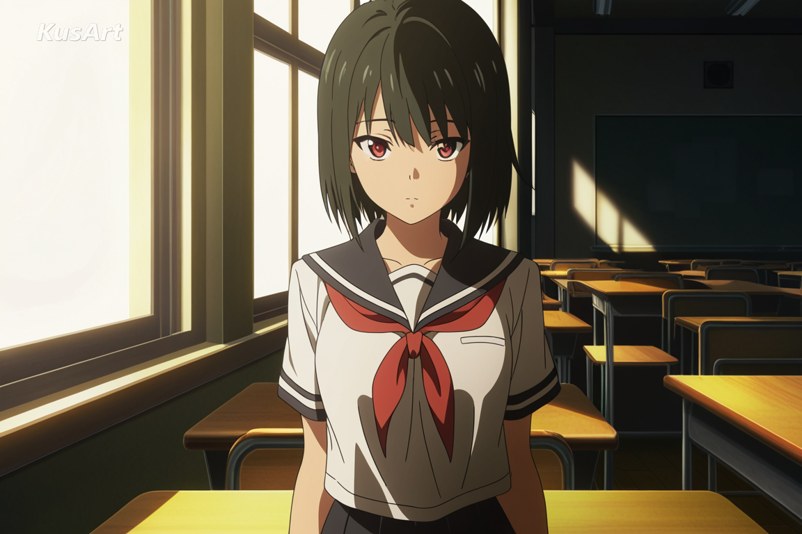 1girl in a school uniform seated upright at a desk by a window, side lit, upper body, widescreen anime film still, cinematic lighting, atmospheric depth, filmic colour grade, fully clothed, covered shoulders and chest, face and head fully visible, full body in frame, beautiful, appealing, well composed, high quality, masterpiece