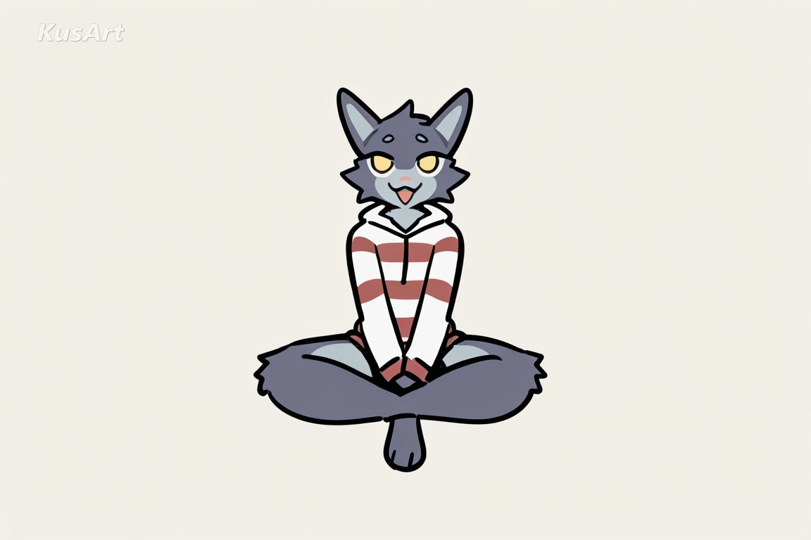 anthro cat character in a striped sweater sitting cross legged, full body, anthro character, flat colour coat rendered as clean shapes, crisp outlines, shape based markings, minimal shading, fully clothed, face and head fully visible, beautiful, appealing, well composed, high quality, masterpiece