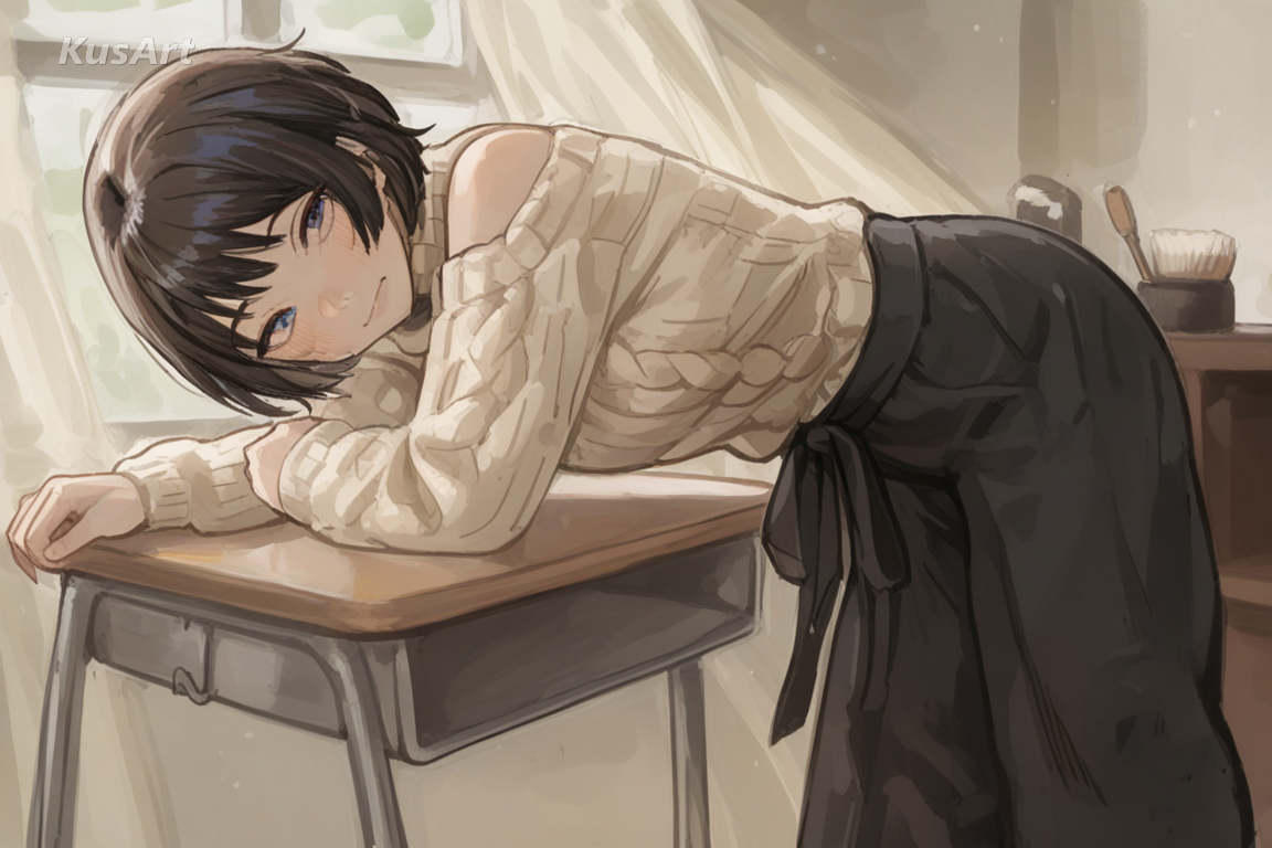 1girl seated at a desk, fully clothed, wearing a complete outfit, modest clothing, covered shoulders and chest, knit sweater and long trousers, dry brush strokes, dragged pigment edges, soft daylight, high quality, masterpiece