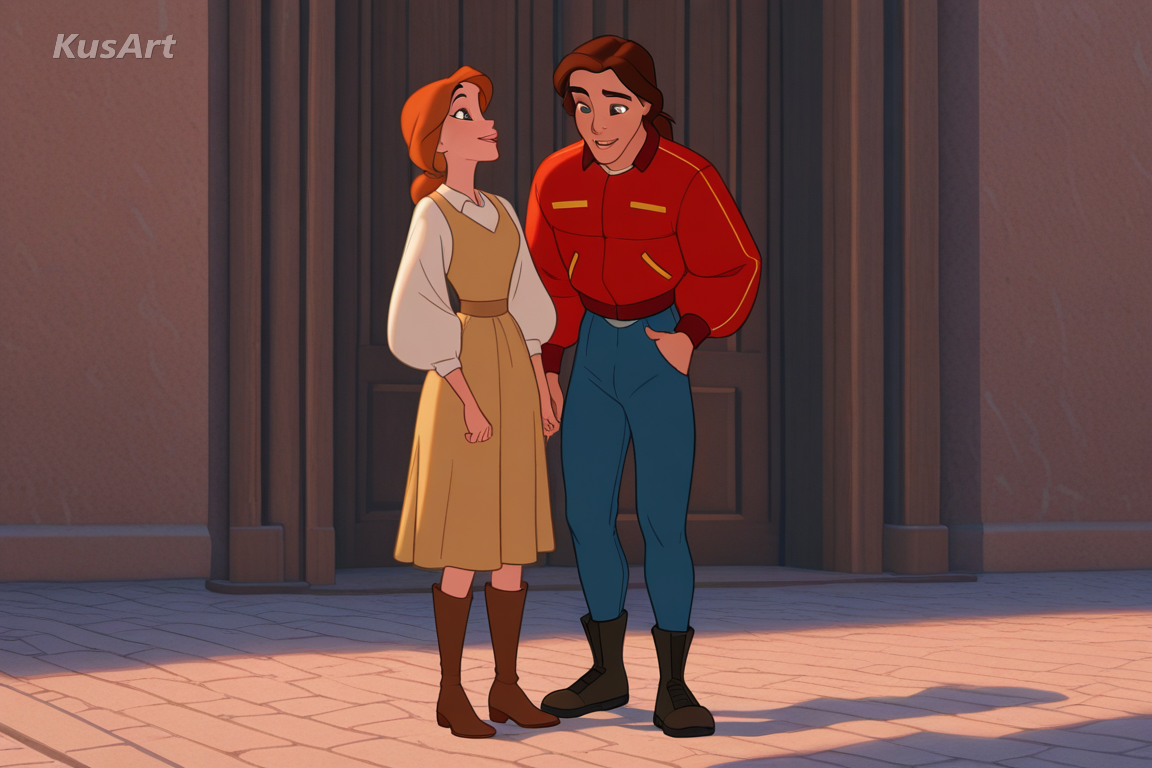1boy and 1girl 3d animated characters standing together, fully clothed, wearing a complete outfit, modest clothing, covered shoulders and chest, adventure outfits with jackets and boots, expressive rig, film lighting, high quality, masterpiece
