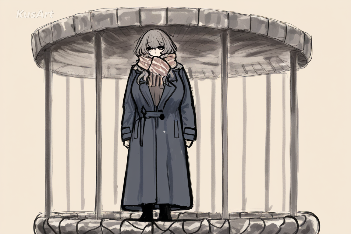 1girl in a long coat and scarf standing outdoors, complete head and face in frame, loose sketch lines with painted colour, visible construction strokes, soft muted palette, fully clothed, covered shoulders and chest, face and head fully visible, full body in frame, beautiful, appealing, well composed, high quality, masterpiece