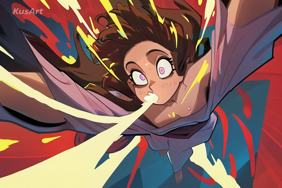 1girl in a flowing robe leaping mid air, dynamic diagonal composition, full body, high saturation clashing colour poster art, bold graphic shapes, dramatic dynamic composition, fully clothed, face and head fully visible, beautiful, appealing, well composed, high quality, masterpiece