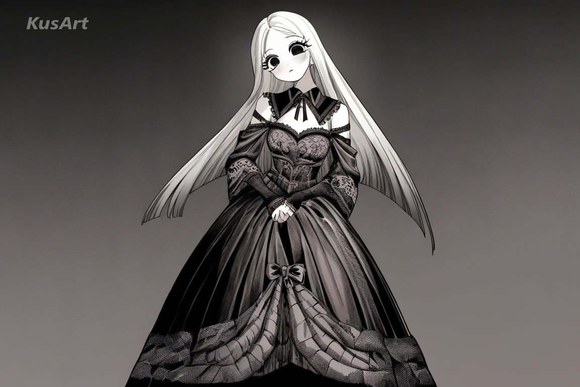 1girl gothic doll in a high collared lace blouse and long skirt, upper body, gothic doll aesthetic, porcelain skin, oversized glossy eyes, lace and ribbons, muted dark palette, fully clothed, covered shoulders and chest, face and head fully visible, full body in frame, beautiful, appealing, well composed, high quality, masterpiece