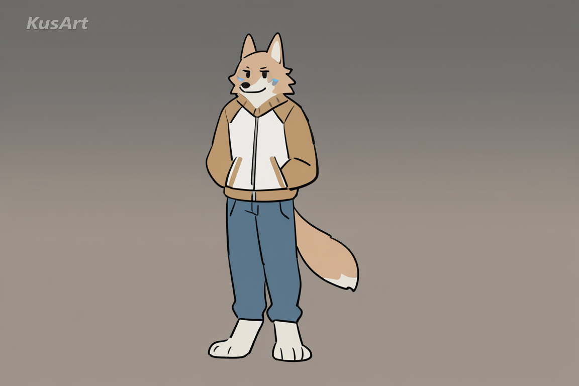 anthro wolf character in a bomber jacket and jeans standing, three quarter view, full body, anthro character, flat colour coat rendered as clean shapes, crisp outlines, shape based markings, minimal shading, fully clothed, face and head fully visible, beautiful, appealing, well composed, high quality, masterpiece