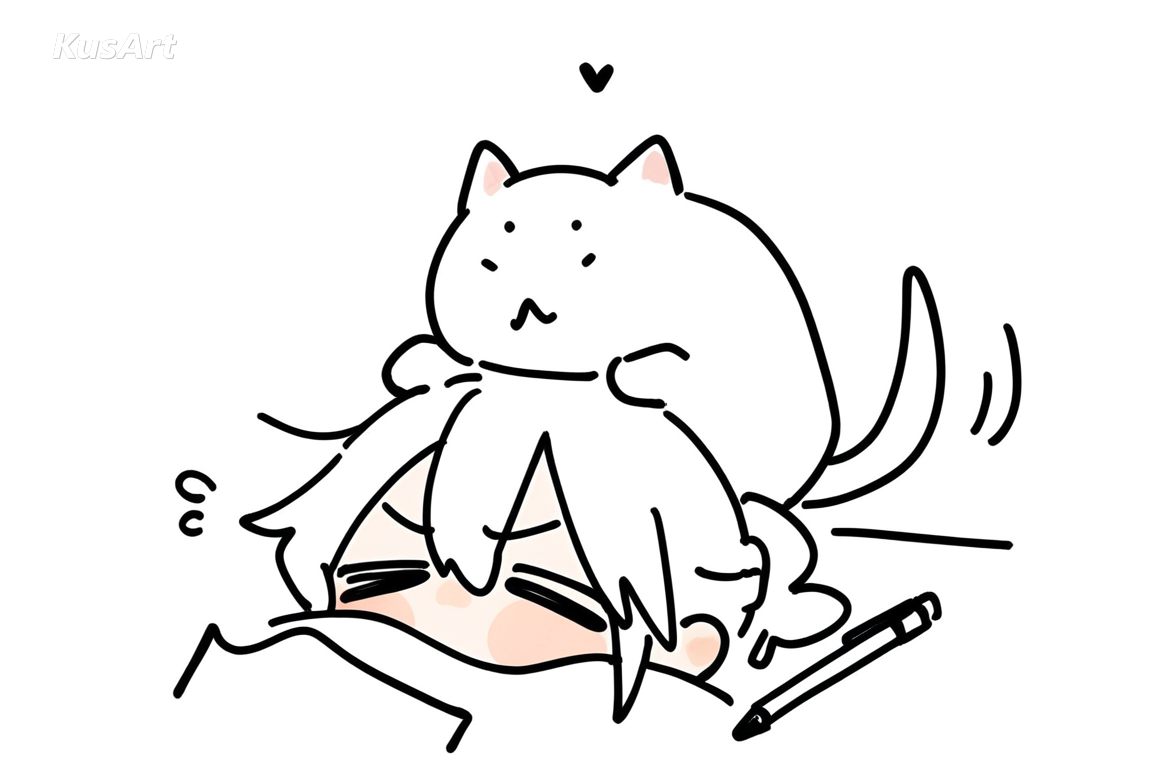 1girl hugging a cat, small hearts scattered around, upper body, notebook doodle art, wobbly pencil lines, pale patchy marker washes, small hearts and sweat drops in the margin, fully clothed, face and head fully visible, beautiful, appealing, well composed, high quality, masterpiece