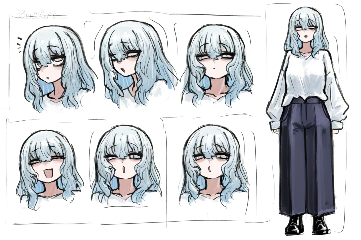 1girl character concept sheet, face and head fully visible, fully clothed, loose long sleeved shirt and trousers, average build, modest proportions, loose sketch lines with painted colour, three quarter view, full body, high quality, masterpiece