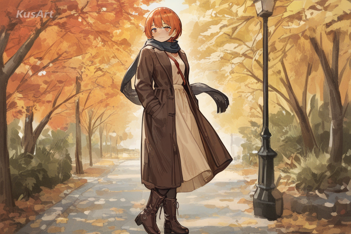 1girl in a long coat walking outdoors, fully clothed, wearing a complete outfit, modest clothing, covered shoulders and chest, scarf and boots, dry brush texture, autumn palette, full body, high quality, masterpiece