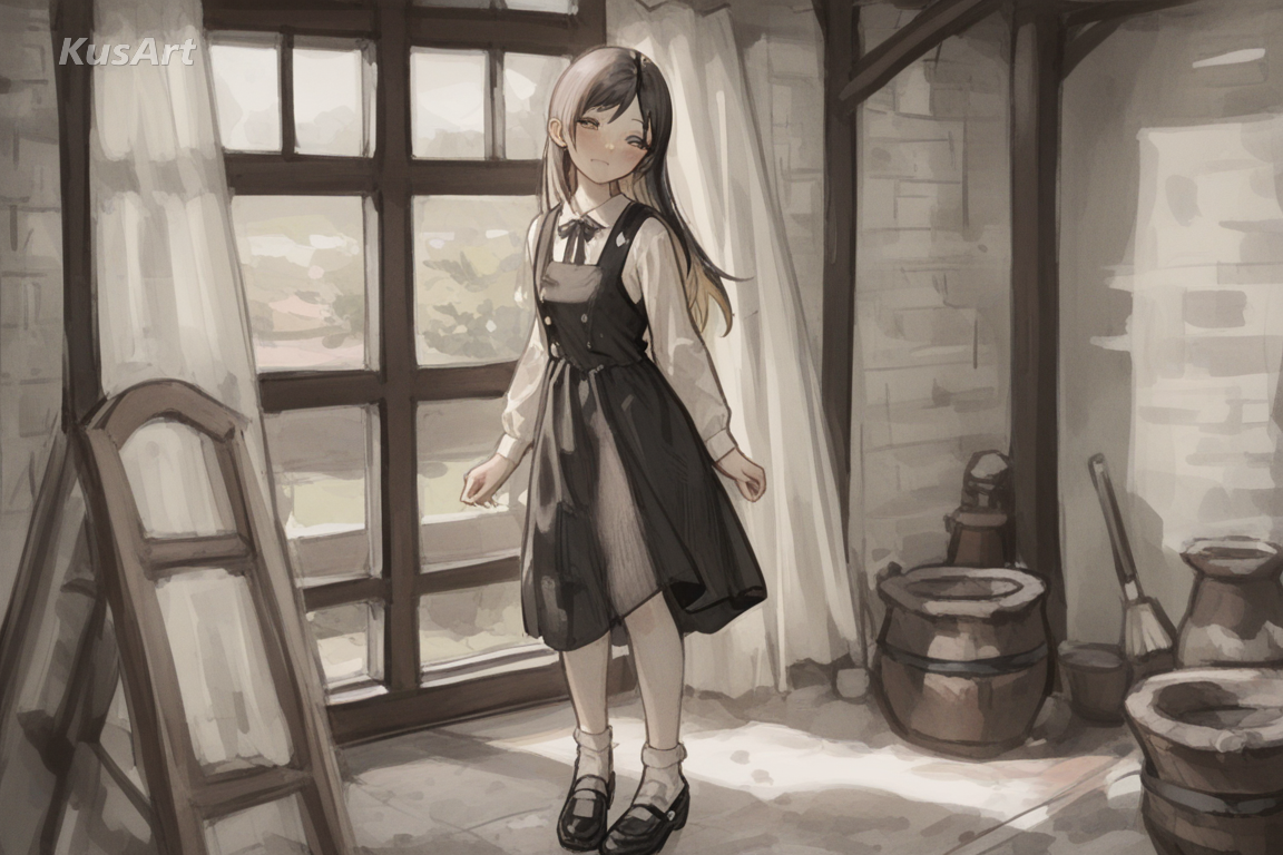 1girl in a long pinafore dress standing by a window, soft daylight, dry brush texture, visible bristle streaks, dragged pigment edges, muted palette, fully clothed, covered shoulders and chest, face and head fully visible, full body in frame, beautiful, appealing, well composed, high quality, masterpiece