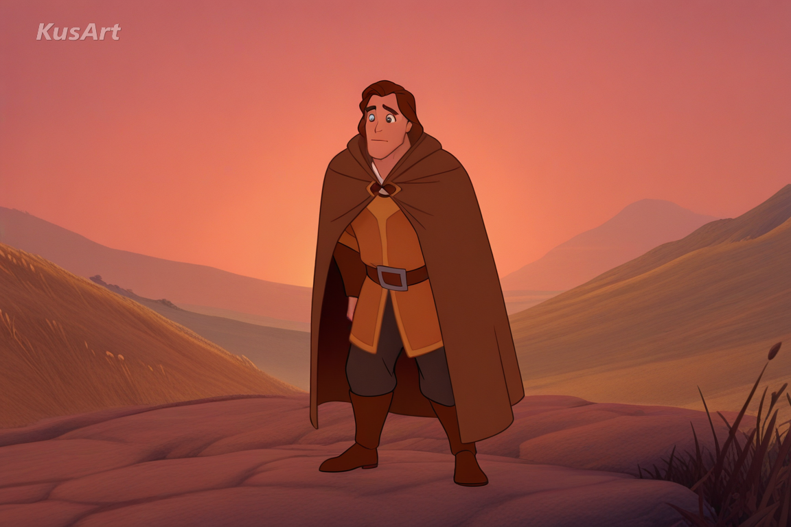 1boy adventurer in a travelling cloak looking out over a valley, full body, big screen 3d animated film character, subsurface skin, warm cinematic lighting, expressive rig, fully clothed, face and head fully visible, beautiful, appealing, well composed, high quality, masterpiece