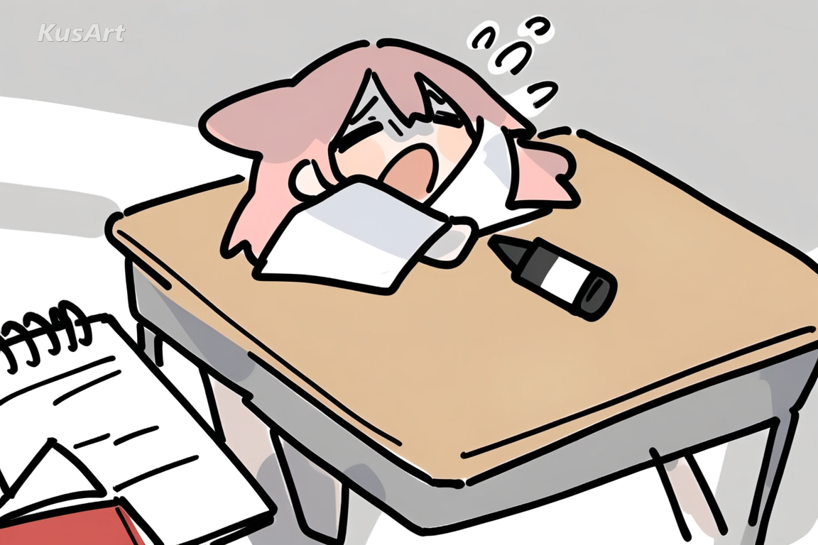 1girl yawning at a desk, tiny chibi reacting in the corner, small hearts in the margin, notebook doodle art, wobbly pencil lines, pale patchy marker washes, small hearts and sweat drops in the margin, fully clothed, face and head fully visible, beautiful, appealing, well composed, high quality, masterpiece