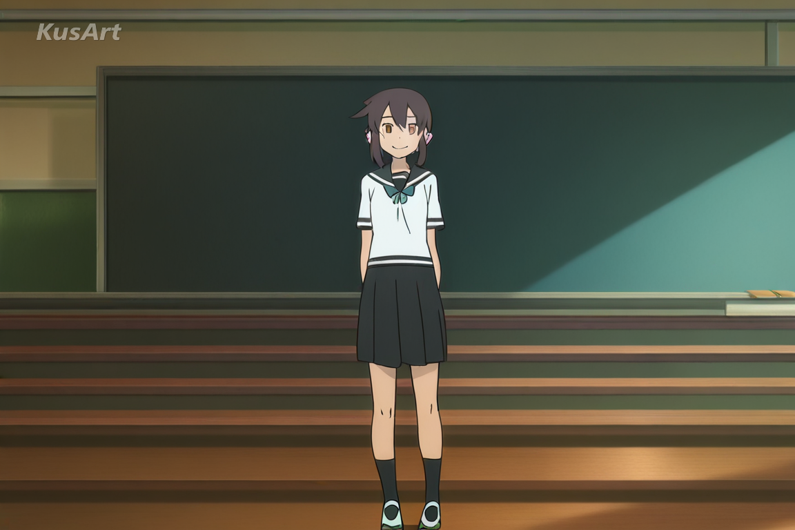 1girl in a sailor uniform standing in a classroom, cheerful expression, full body, traditional cel animation look, flat vibrant colours, clean bold outlines, even shadowless lighting, fully clothed, face and head fully visible, beautiful, appealing, well composed, high quality, masterpiece
