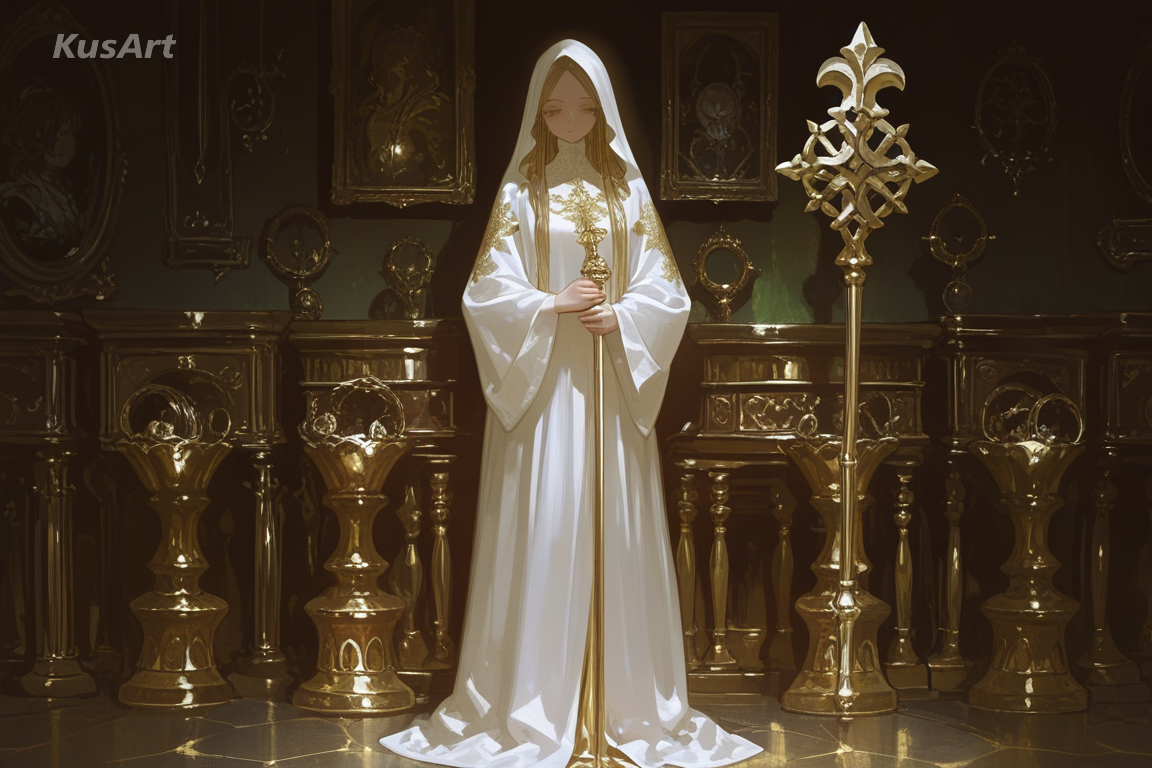 1girl in a layered ceremonial robe holding an ornate staff, full body, ornate costume portrait, dense gold filigree and brocade, jewel tone palette, strong raking key light, dark atmospheric backdrop, fully clothed, face and head fully visible, beautiful, appealing, well composed, high quality, masterpiece