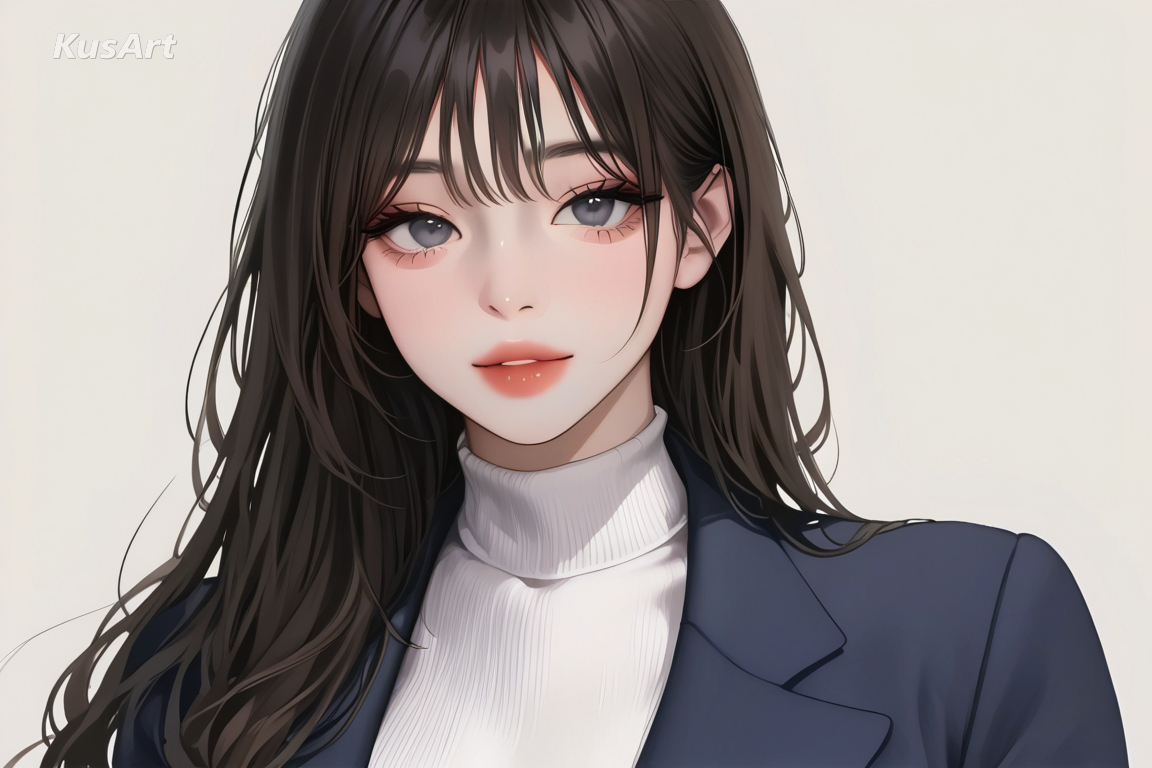 1girl upper body portrait, fully clothed, wearing a complete outfit, modest clothing, covered shoulders and chest, tailored blazer and turtleneck, korean painted illustration, soft airbrush skin, high quality, masterpiece