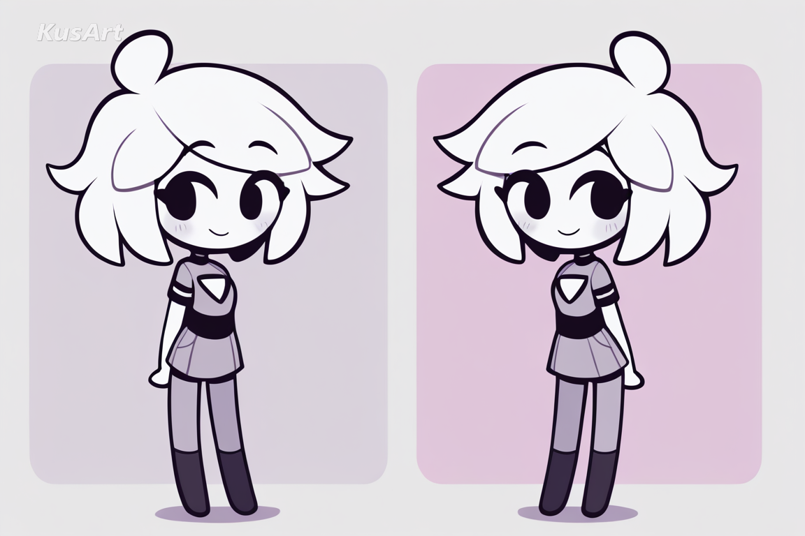 two chibi friends standing side by side, cheerful expressions, full body, flat toon shading, thick uniform outlines, limited punchy palette, simplified cartoon eyes, fully clothed, face and head fully visible, beautiful, appealing, well composed, high quality, masterpiece