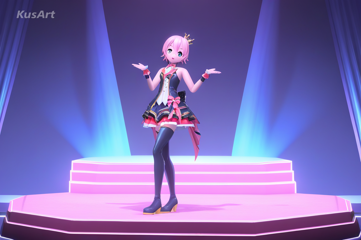 1girl idol in a frilled stage costume mid dance pose, full body, 3d mmd toon shaded model, glossy anime shader, rim light, clean stage background, fully clothed, face and head fully visible, beautiful, appealing, well composed, high quality, masterpiece