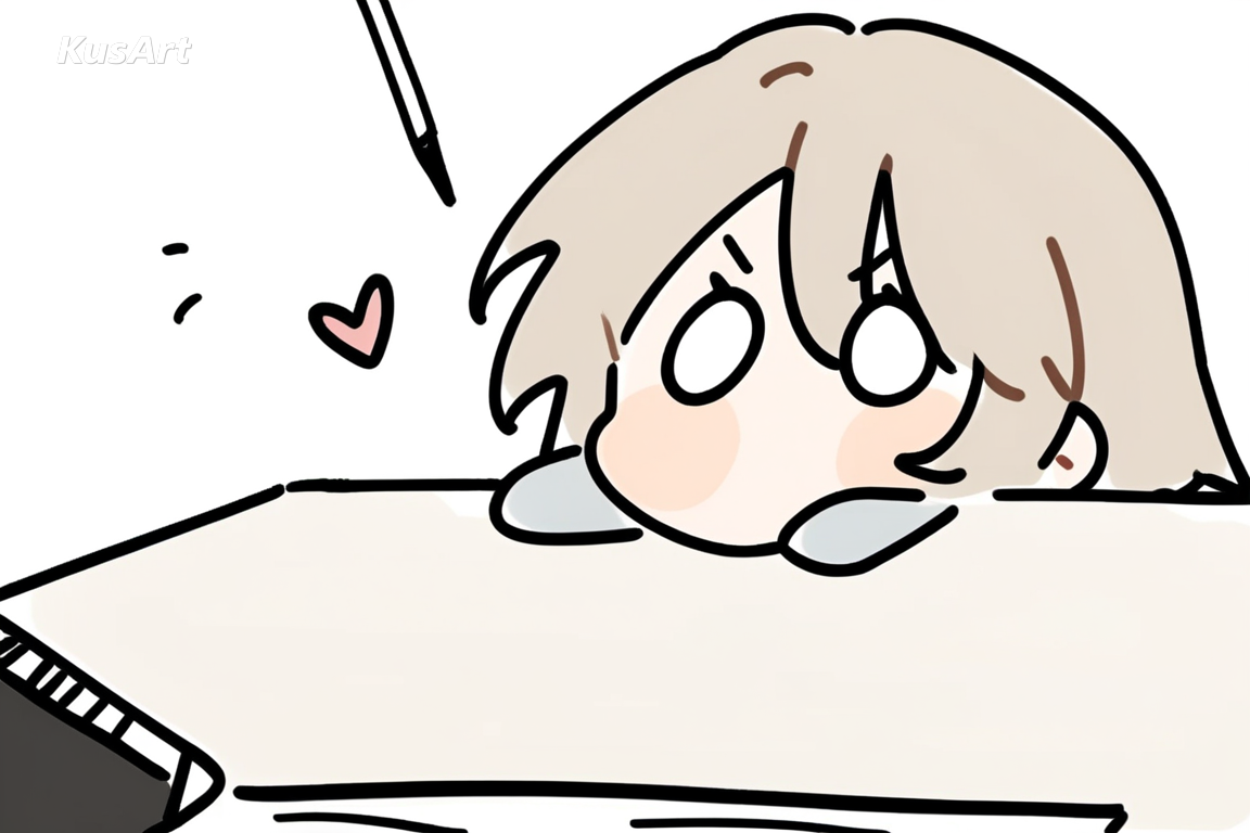 1girl stretching at a desk with a tiny chibi reacting in the corner, clear readable linework, notebook doodle art, wobbly pencil lines, pale patchy marker washes, small hearts in the margin, fully clothed, covered shoulders and chest, face and head fully visible, full body in frame, beautiful, appealing, well composed, high quality, masterpiece