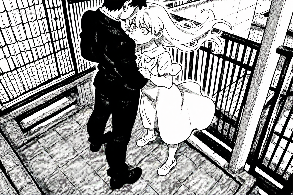 1boy and 1girl students standing back to back on a rooftop, dramatic wind, black and white manga art, bold ink linework, screentone shading, fully clothed, covered shoulders and chest, face and head fully visible, full body in frame, beautiful, appealing, well composed, high quality, masterpiece