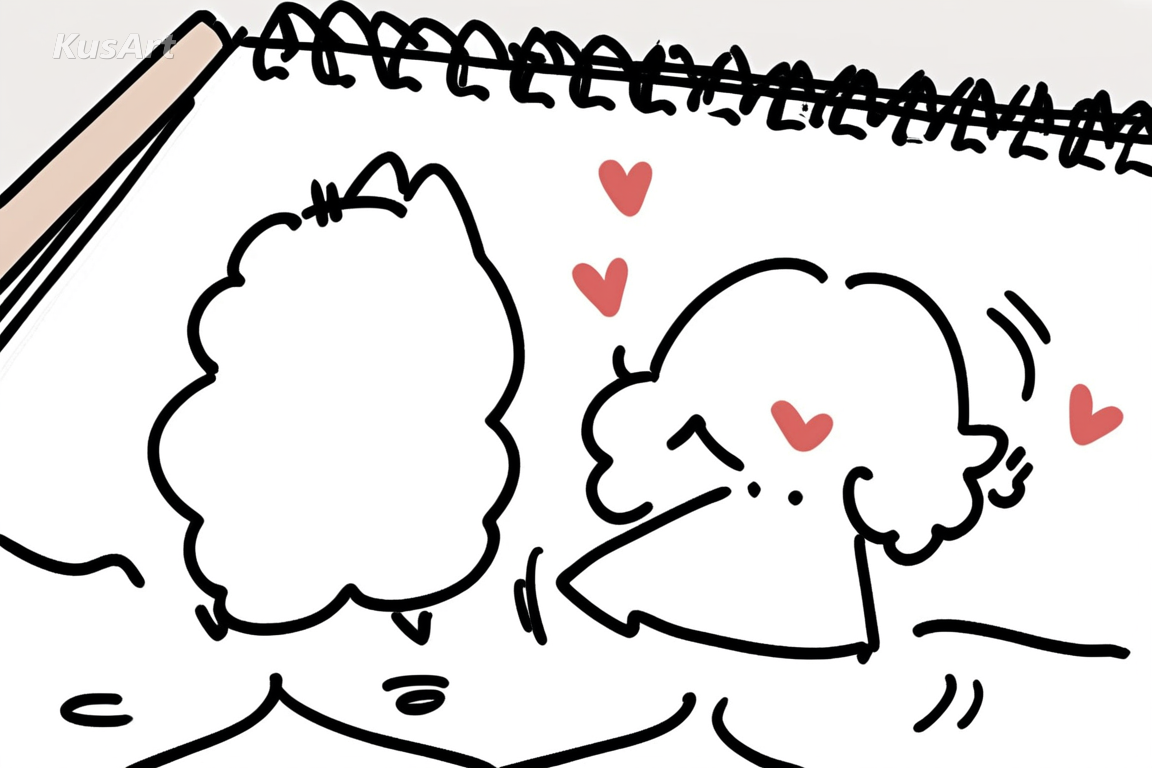 1boy and 1girl walking a small dog together, small hearts in the margin, clear readable linework, notebook doodle art, wobbly pencil lines, pale patchy marker washes, small hearts in the margin, fully clothed, covered shoulders and chest, face and head fully visible, full body in frame, beautiful, appealing, well composed, high quality, masterpiece