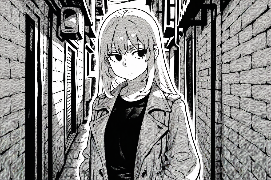 1girl in a long coat looking back over her shoulder in a rainy alley, upper body, black and white manga art, bold ink linework, screentone shading, dramatic hatching, fully clothed, face and head fully visible, beautiful, appealing, well composed, high quality, masterpiece