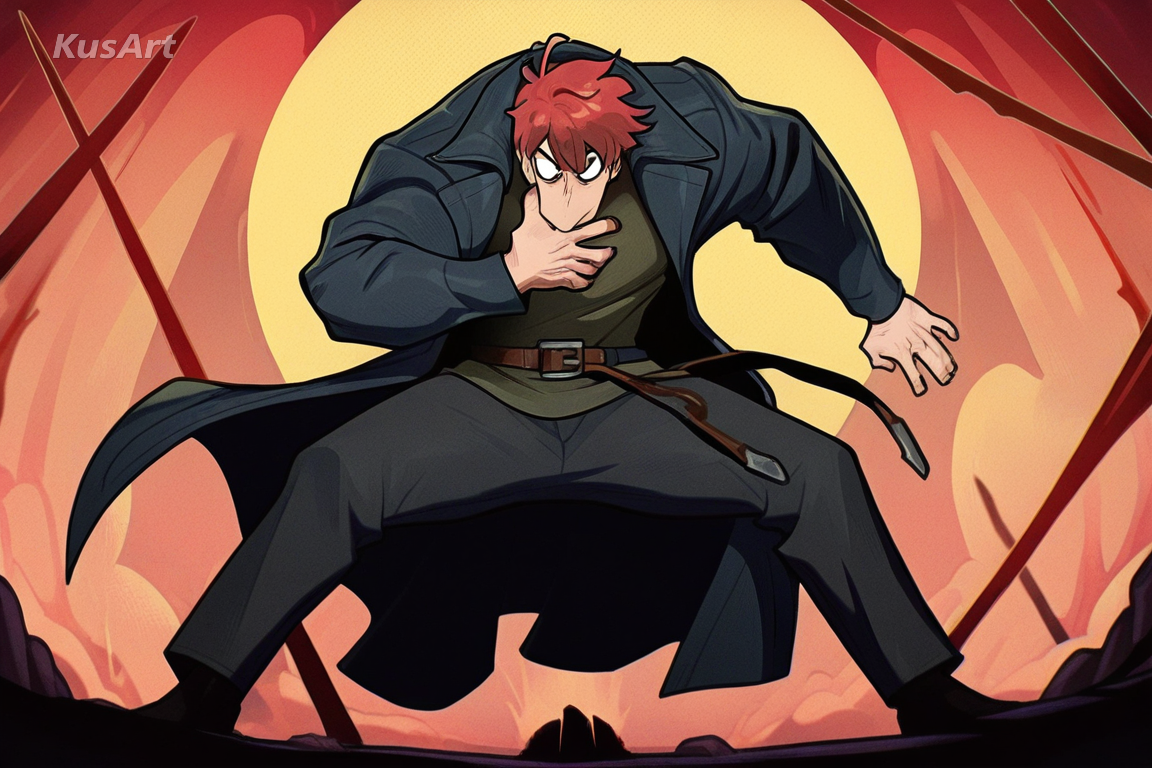 1boy swordsman in a long coat in a dramatic stance, full body, high saturation clashing colour poster art, bold graphic shapes, dramatic dynamic composition, fully clothed, face and head fully visible, beautiful, appealing, well composed, high quality, masterpiece