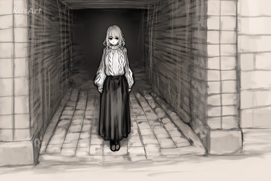 1girl standing, whole figure from head to feet, knit sweater and long skirt, calm expression, loose sketch lines with painted colour, visible construction strokes, soft muted palette, fully clothed, beautiful, appealing, well composed, high quality, masterpiece